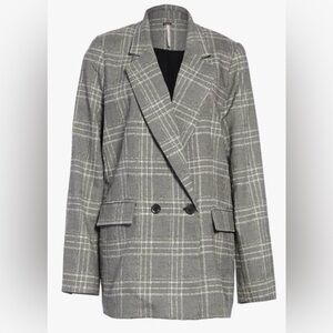Free People Sporty Oversize Blazer in Grey/Black Plaid Size Large